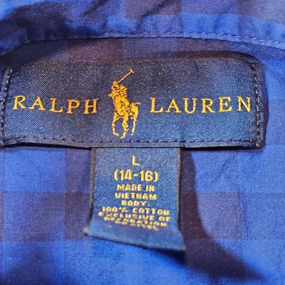 Ralph Lauren Boys Blue Gingham Check Button Down Shirt Size L 14-16 Cotton 0518